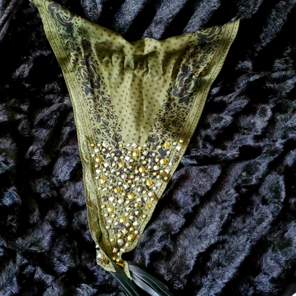 Jewels & Spikes Bandana Scarf w/ leather tassels